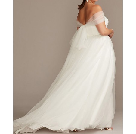 Off Shoulder Pleated Tulle Plus Size Wedding Dress