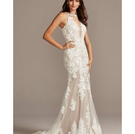 Illusion Sequin Floral Applique Wedding Dress