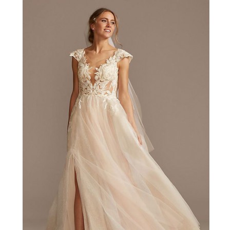 Illusion Cap Sleeve Lace Appliqued Wedding Dress