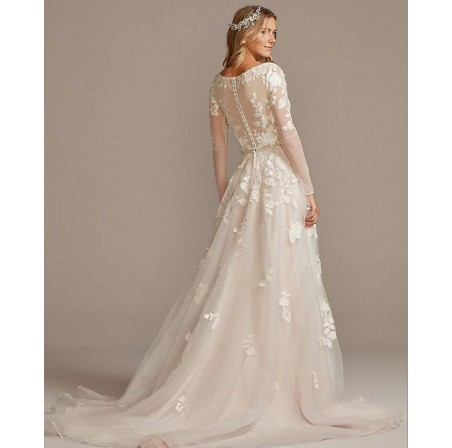 Illusion Sleeve Plunging Ball Gown Wedding Dress